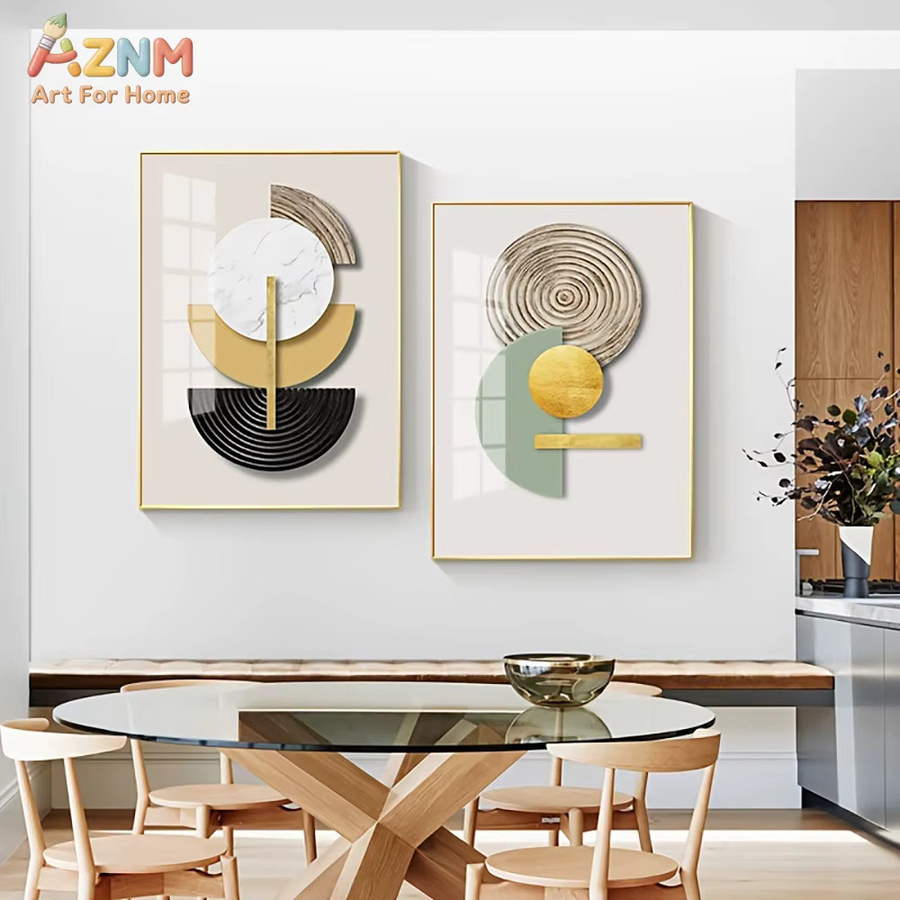 AZNM Wandkunst Set aus 3 Stück, minimalistisches abstraktes Canvas Poster in Grün und Gold mit geometrischen Formen, Marmorstruktur und Wellenlinien - Bild 2