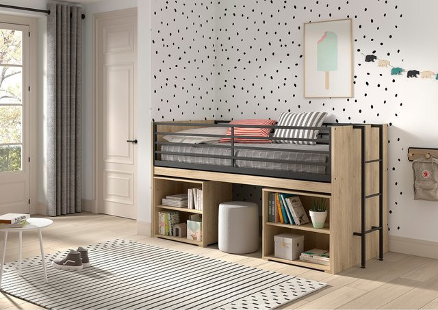 SAM halbhohes Bett mit ausziehbarem Schreibtisch und 2 Regalen, Farbe Eiche, Liegefläche 90 x 200 cm - Bild 1