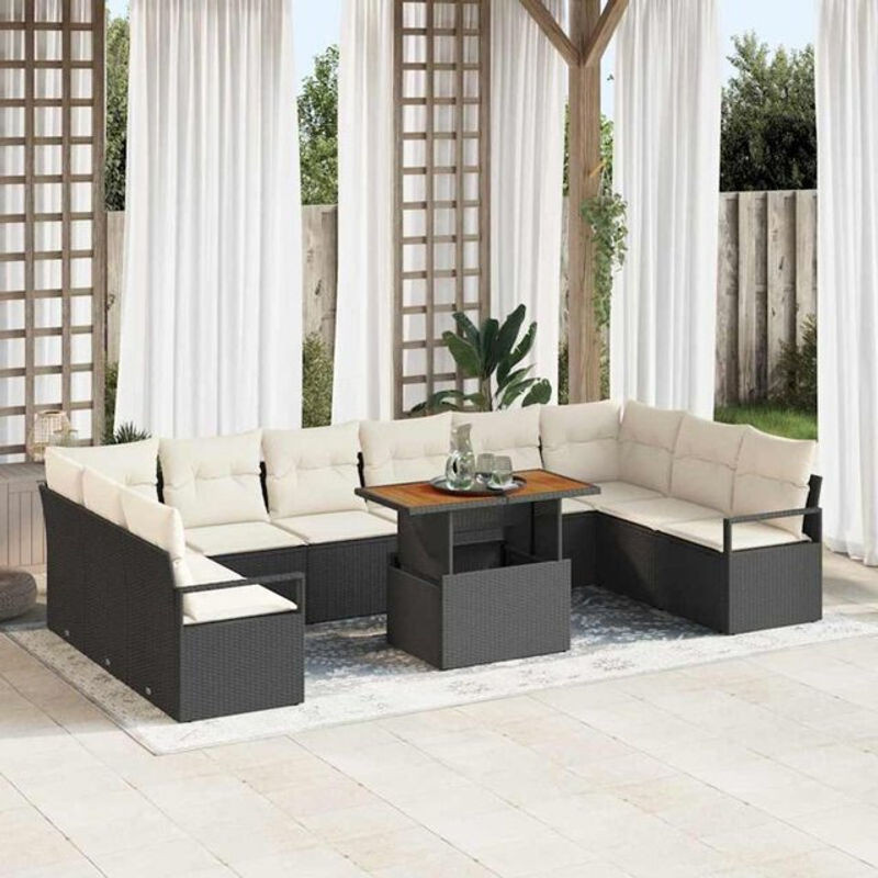 Vidaxl Garten-Sofa-Set aus 11 Teilen in Schwarz und Creme, modernes Polyrattan Loungemöbel-Set, B/T/H: 100 x 55 x 73 cm - Bild 1