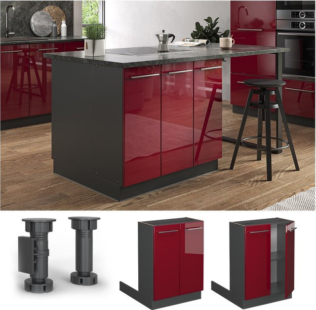 Vicco Küchenunterschrank Fame-Line Hochglanz in Anthrazit und Bordeaux Rot mit 60 cm Breite und Softclose-Drehtüren - Bild 1