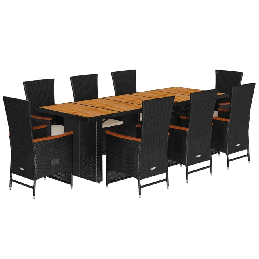 vidaXL 9-teilige Garten-Essgruppe aus PE-Rattan und Akazienholz in Schwarz mit cremeweißen Kissen - Bild 2