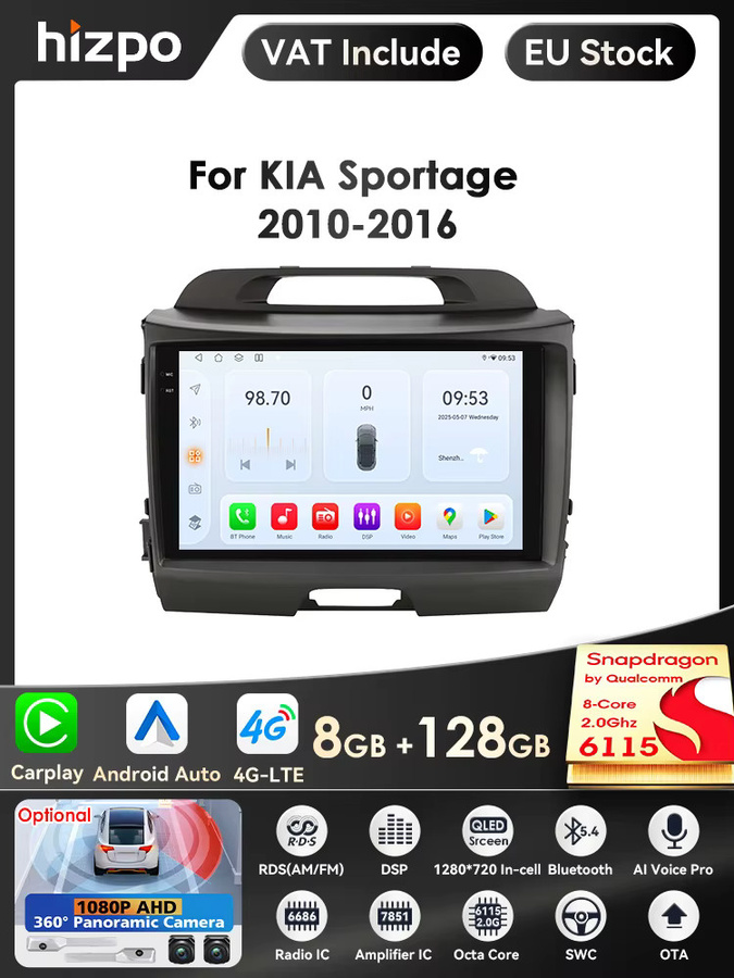 OSSURET Android 2Din Autoradio mit GPS, WiFi und Multimedia-Player für KIA Sportage (Baujahre 2010 bis 2016), Schwarz - Bild 1