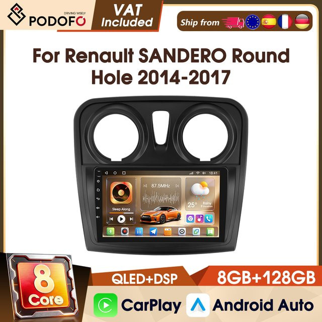 Podofo 9-Zoll 4G Autoradio für Renault Sandero 2014-2017 mit GPS, WiFi und IPS-Bildschirm, 8+128G, Schwarz - Bild 1