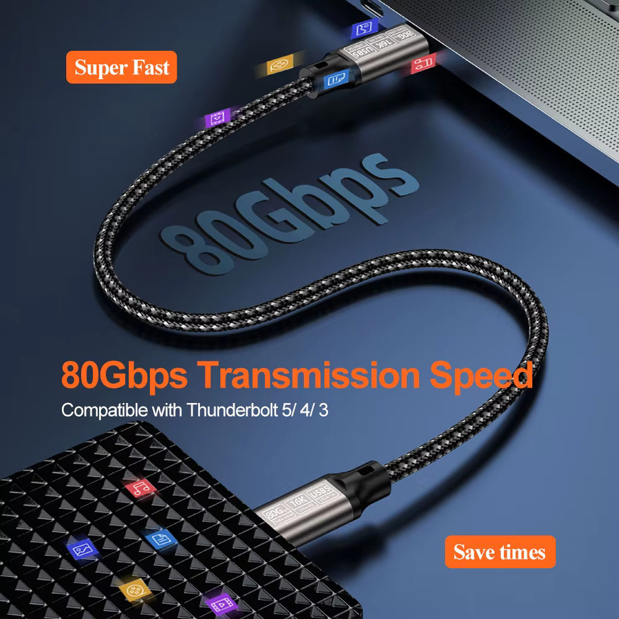 Letusoon USB5 USB C Kabel mit 80 Gbit/s, 240 W Schnellladefunktion und Unterstützung für 16K60Hz sowie 8K120Hz, kompatibel mit Thunderbolt 5, in Schwarz oder Grau - Bild 2