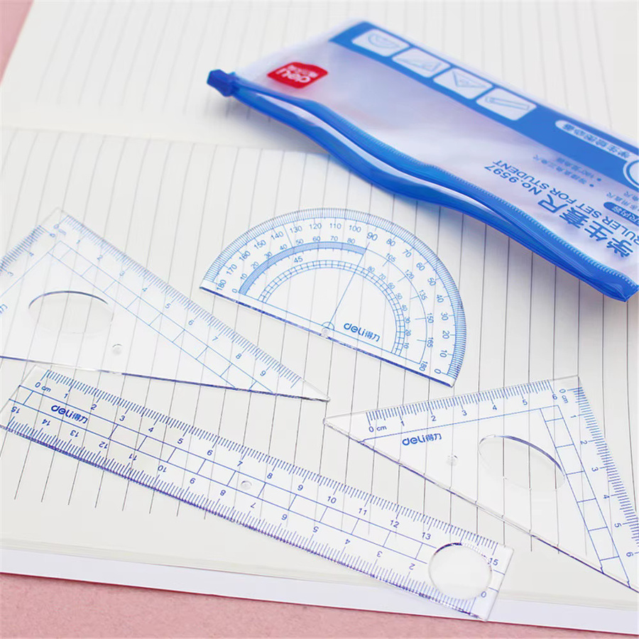 Deli 4-teiliges Essential Geometry Set aus transparentem Kunststoff mit Winkelmesser, Lineal und Dreieckslineal für Studenten und Architekten - Bild 2
