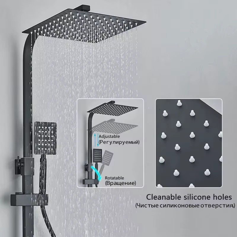 Wanmivezlo Thermostatisches Duschsystem in Matt Schwarz mit LED-Digitalanzeige, Quadratischem Regenduschkopf, Handbrause und Bidet-Sprühgerät, Wandmontiertes Duscharmaturen-Set mit Ablage - Bild 2