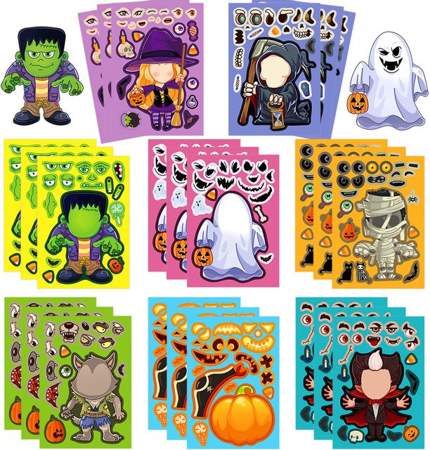 MRJIAANGSON Halloween und Einhorn DIY Puzzle Aufkleber Set, 8 Blätter buntes pädagogisches Spielzeug für Kinder - Bild 1