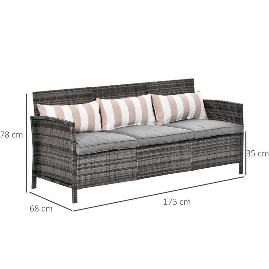 Outsunny Garten-Loungesofa aus Rattan mit Kissen in Grau und Beige, 3-Sitzer mit Armlehnen und Metallrahmen, Breite: 173 cm, Höhe: 78 cm, Tiefe: 68 cm - Bild 4