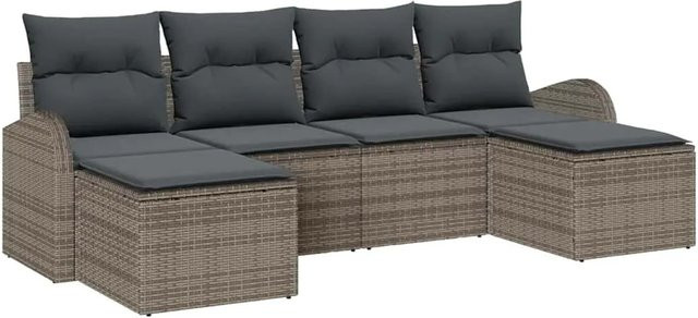 vidaXL Garten-Sofa-Set aus Polyrattan in Grau, 6-teilige L-Form Lounge-Garnitur mit Kissen und Ottoman für Terrasse und Garten - Bild 1
