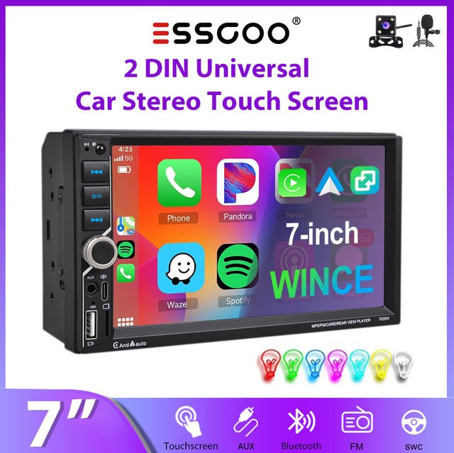 ESSGOO Universal Autoradio mit 7 Zoll IPS-Touchscreen, Wireless CarPlay, Android Auto, Bluetooth, USB-C und Lenkradsteuerung in Schwarz - Bild 1