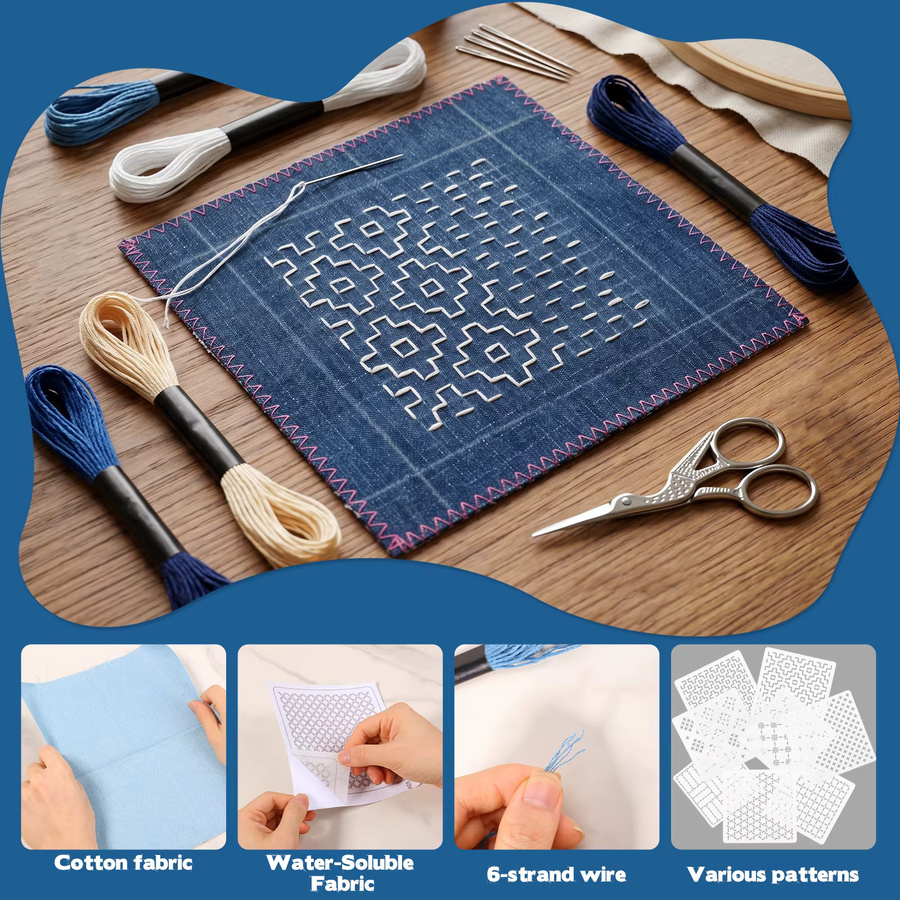 Sashiko-Stickerei-Set für Anfänger mit Schablonen, Faden, Nadeln, Fingerhut und Stoff-Fingerlingen zum Ausbessern - Bild 5