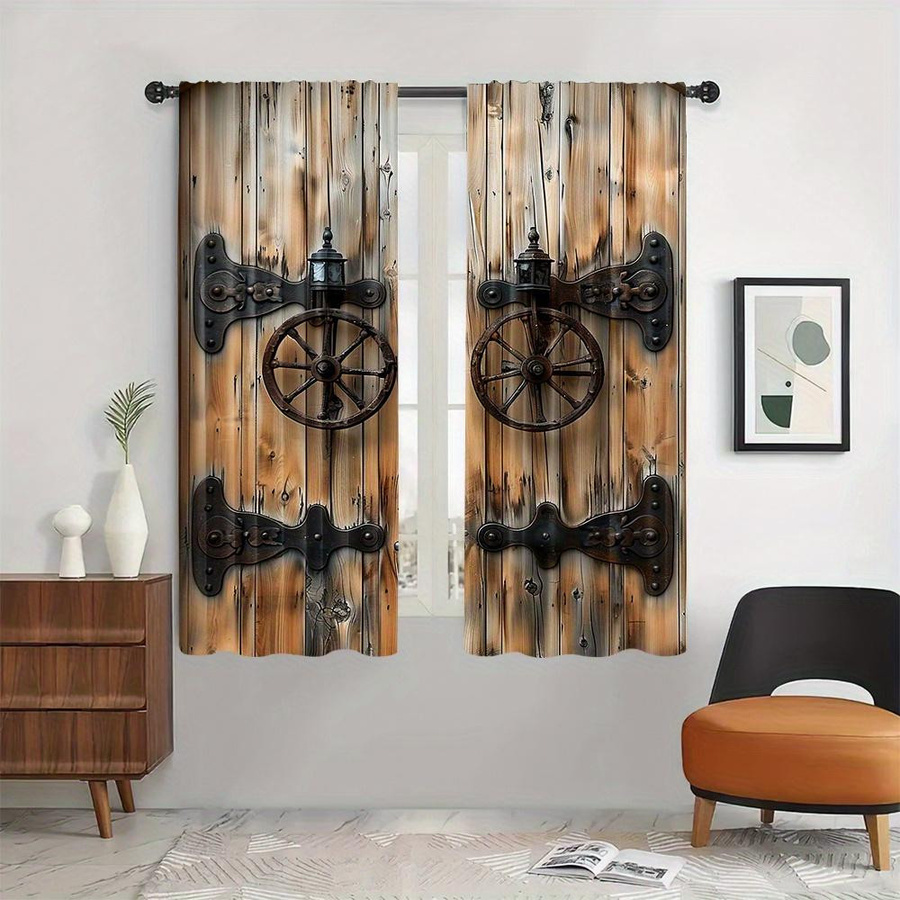 Yiran Furniture 2-teiliger Halbverdunkelungsvorhang mit Holztürdruck in Braun, Polyester, Breite: 100 cm, Höhe: 130 cm - Bild 1