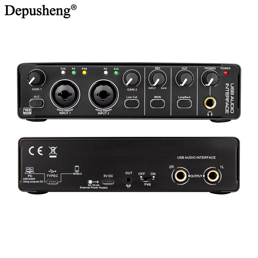 Depusheng MD32 Audio-Interface USB-C Professionelle Soundkarte in Schwarz für E-Gitarre, Live-Aufnahme und Studio-Gesang mit Monitoring - Bild 2