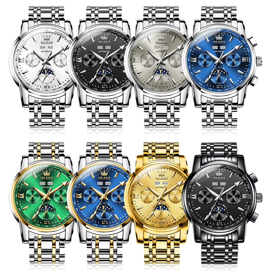 OLEVS Armbanduhr Automatik, Edelstahl, Blau, Herren, Mondphasen, Doppelkalender - Bild 4