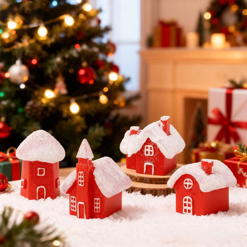 ZQNYCY 4er Set Weihnachtsdekoration Miniatur Winterdorf aus Harz in Rot für Tischdekoration und Kuchenverzierung - Bild 4