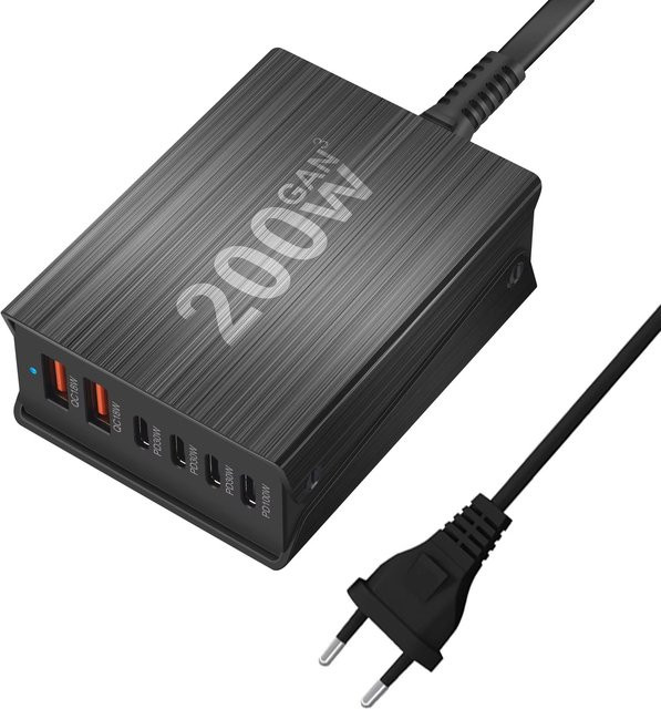 Deepartner 200 W USB Typ-C Schnellladegerät mit GaN-Technologie, 6-Port Netzteil (4C2A) in Schwarz - Bild 1