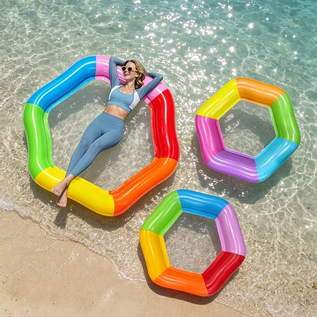 Aufblasbare Regenbogen-Hexagon-Schwimminsel mit Netz-Sitz für Erwachsene, bunte Wasserhängematte für den Pool - Bild 1