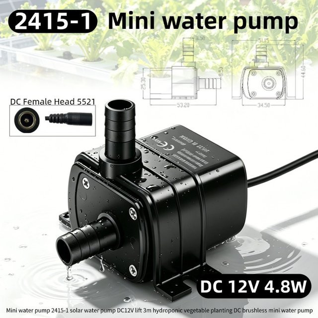 Bürstenlose Mikro-Tauchpumpe DC 12V 4,8W für Aquarium und Hydroponik in Schwarz, 3M Förderhöhe - Bild 1