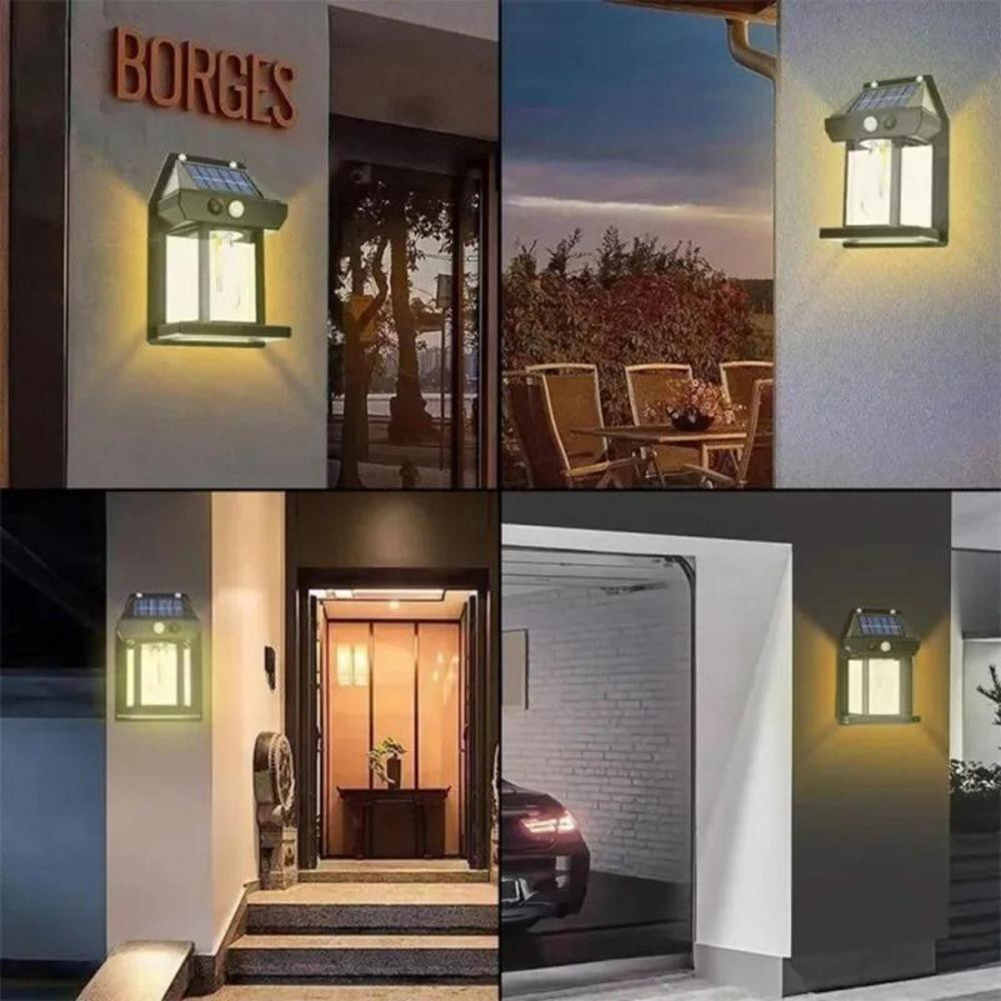 LIUXING Fire Solar Wandleuchten im 4er-Set mit Bewegungssensor und LED-Glühbirne, wasserdicht IP65, Schwarz - Bild 12