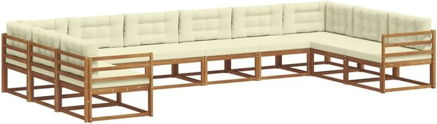 vidaXL Outdoor-Sofagarnitur aus massivem Akazienholz in U-Form, 10-teiliges Set in Natur und Creme mit UV-beständigen Kissen - Bild 1