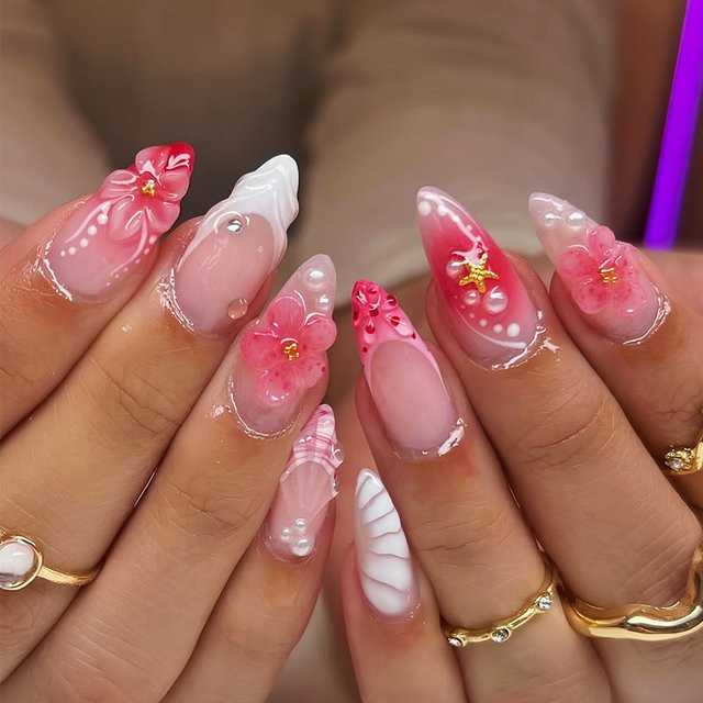 Qsezeny Künstliche Nägel, Rosa Blume, Glänzend, 24 Stück, Damen - Bild 1