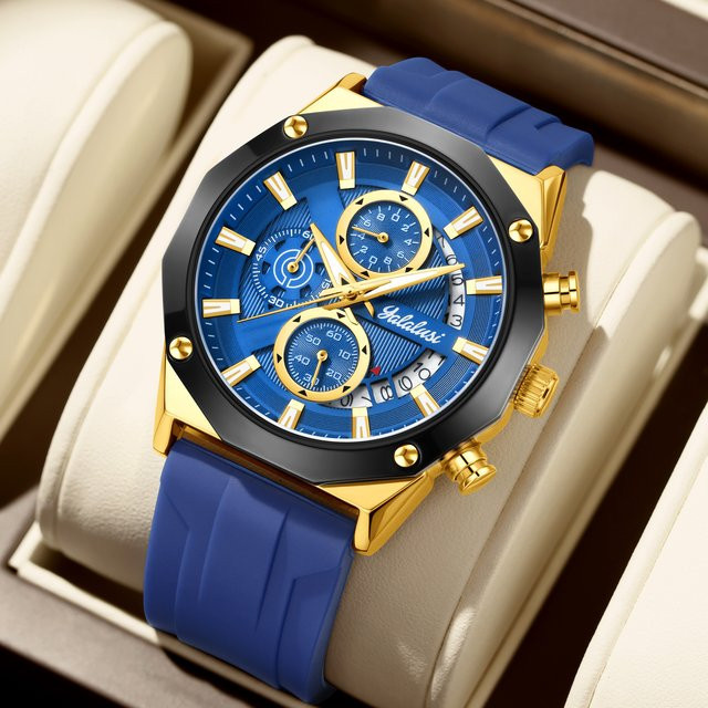YaLaLuSi Armbanduhr Quarz, Gold, Blau, Silikon, Herren - Bild 1