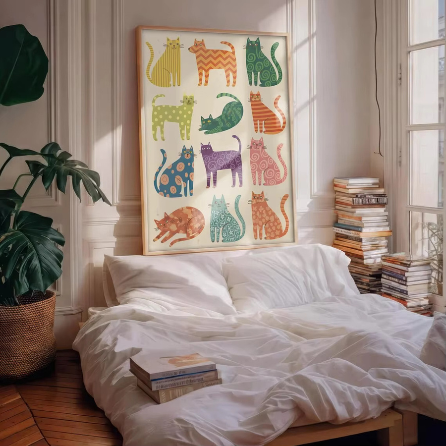 SHENCHEN Aquarell-Kunstdruck mit Katzen und floralen Motiven, mehrfarbiger Papierposter für die Wanddekoration in Wohnzimmer, Kinderzimmer oder Heimbüro - Bild 2