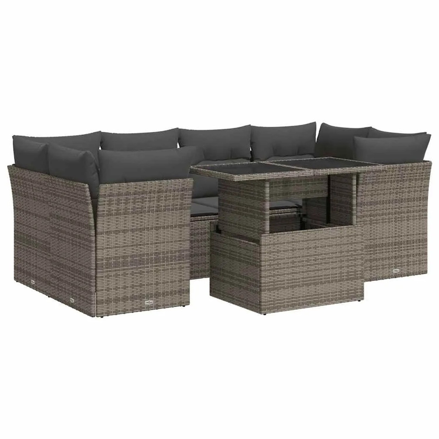 vidaXL 7-teilige Garten-Sofagarnitur in L-Form aus grauem Poly-Rattan mit Kissen und Stauraum - Bild 2