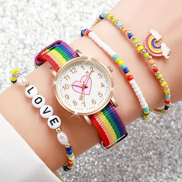 Armbanduhr Set, Quarz, Nylon Band, Roségold, Perlen, Damen, Bunt - Bild 1
