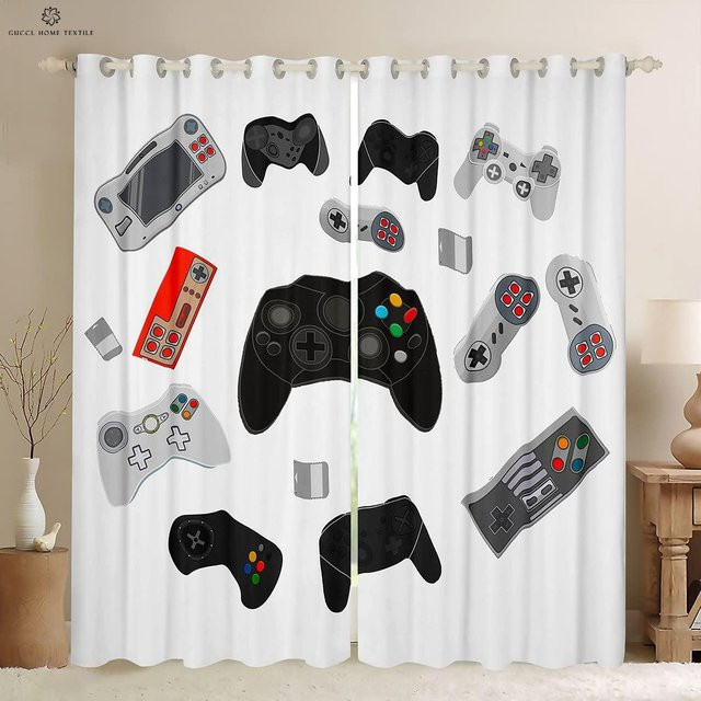 Yiran Furniture Gaming-Fenstervorhänge mit Game-Controller-Muster, 2er-Set, halbtransparent, Polyester, Mehrfarbig, Breite: 50 cm, Höhe: 130 cm - Bild 1