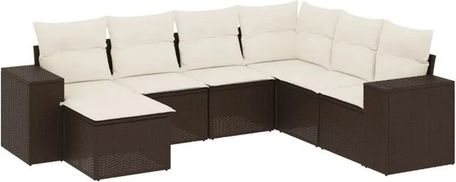 vidaXL 7-teilige Garten-Sitzgruppe in L-Form aus Polyrattan mit Kissen in Braun - Bild 1