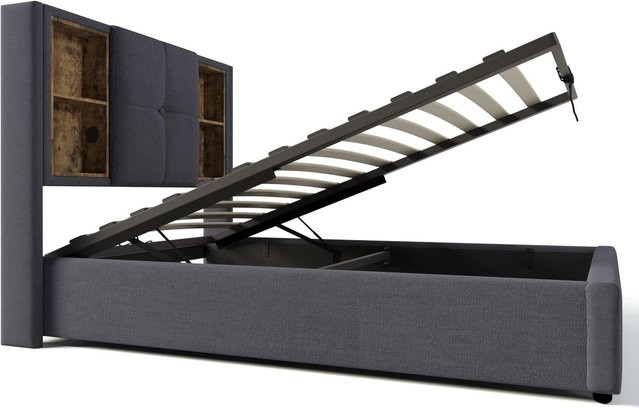 Merax Polsterbett mit Stauraum und USB-Ladeport in Grau, B/T/H: 90 x 200 x 35,29 cm - Bild 1