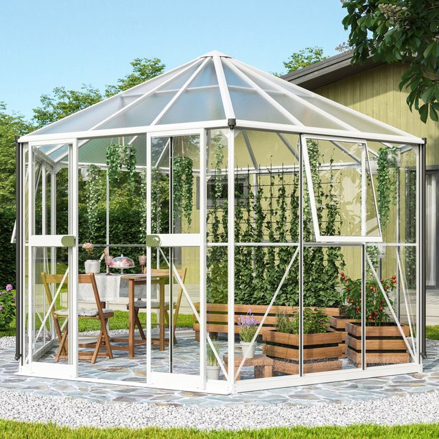Vitavia Gewächshaus Pi 9000 in Weiß mit Polycarbonat und Doppel-Schiebetür - Bild 1