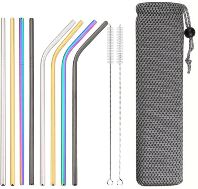 Uniturcky Wiederverwendbare Trinkhalme aus Edelstahl 304 in Silber und Multicolour mit Reinigungsbürste, gerade und gebogene Modelle für Bar und Party - Bild 1