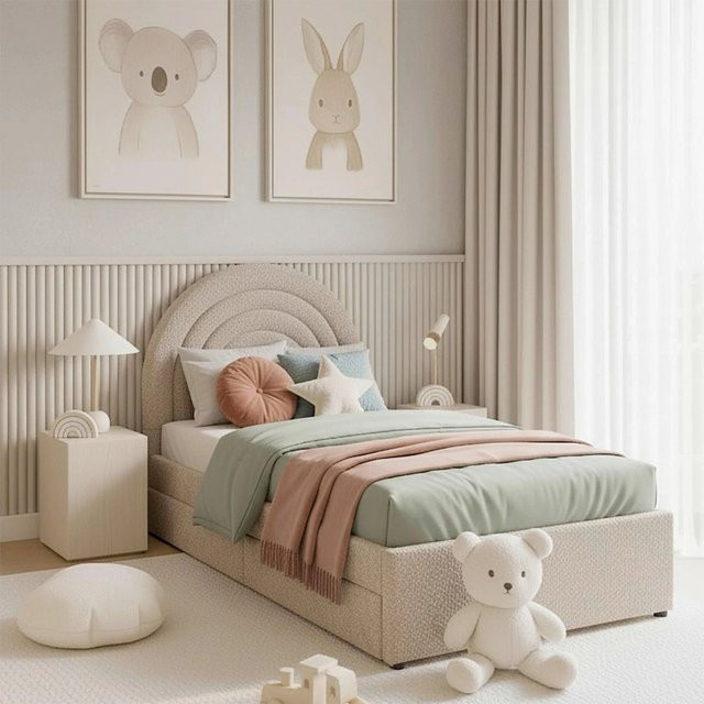 Bessagi Kids Kinderbett Nina in Beige mit Polsterrahmen und Lift-up-Base, B/T: 90 x 200 cm - Bild 1