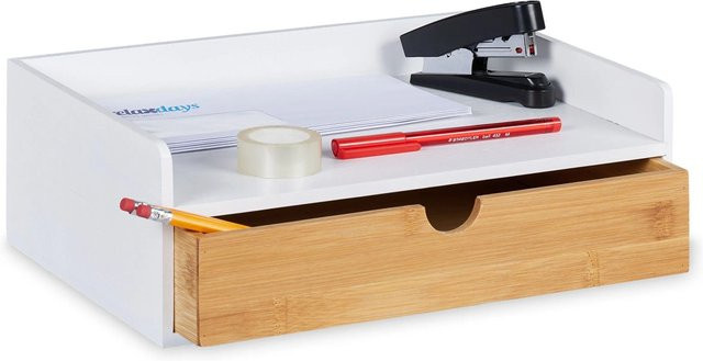 Relaxdays Schreibtisch Organizer aus Bambus in Weiß Natur mit Schublade, B/T/H: 32 x 22 x 11 cm - Bild 1