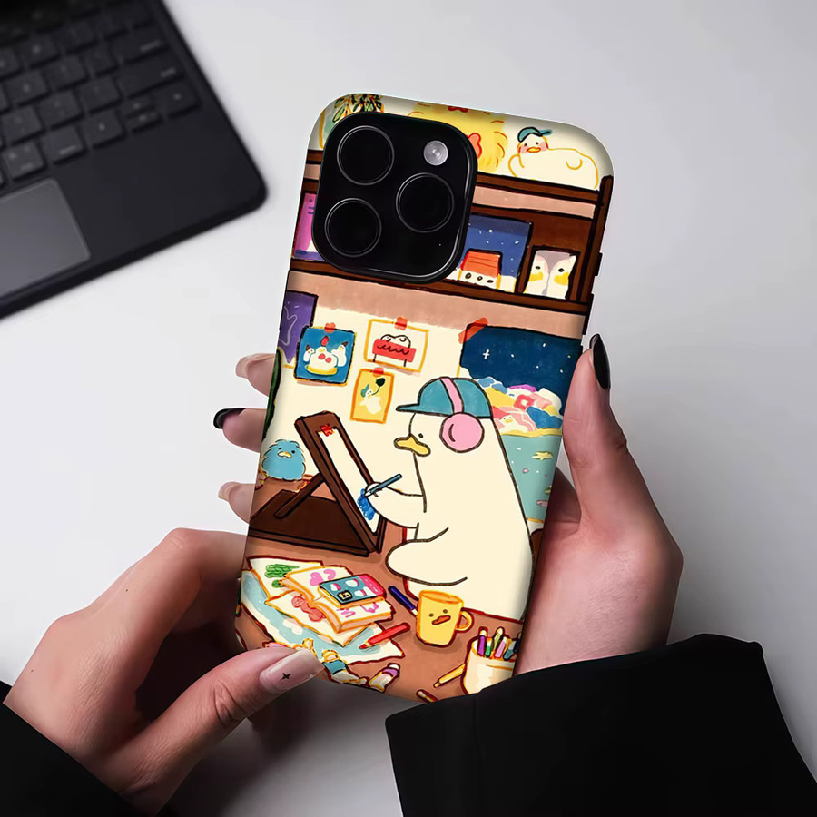 Aurbe Matte 2-in-1 MagSafe Hülle mit Film für iPhone 17 16 15 Plus und Pro Max, Stoßfeste Hartschale im Enten-Künstlerstudio-Design, Mehrfarbig - Bild 5