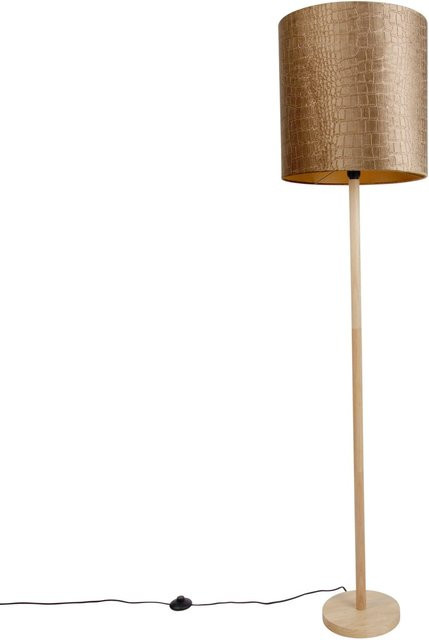 QAZQA Holz Stehleuchte Mels mit Samtschirm in Braun und Gold/Messing, Durchmesser: 40 cm - Bild 1