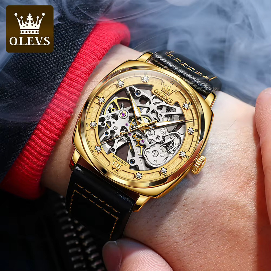 OLEVS Armbanduhr, Automatik, Leder, Schwarz, Gold, Herren - Bild 3