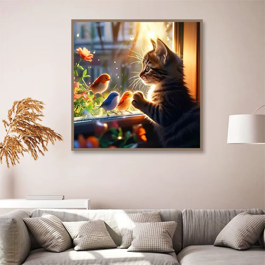 5D Diamantgemälde zum Selbermachen mit Motiv süßer Katze und Vogel als Diamantmosaik in Full Drill für Anfänger zur Wanddekoration von Potdemiel - Bild 3