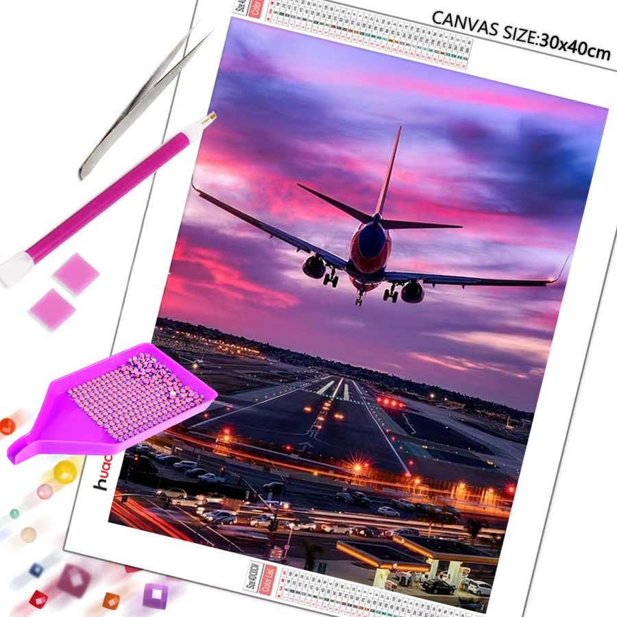 Huacan Diamantmalerei-Set Flugzeug-Landschaftsmotiv in Multicolour, Rundes Strass-Bild für die Wandgestaltung, Breite: 30,0 cm, Höhe: 20,0 cm - Bild 3