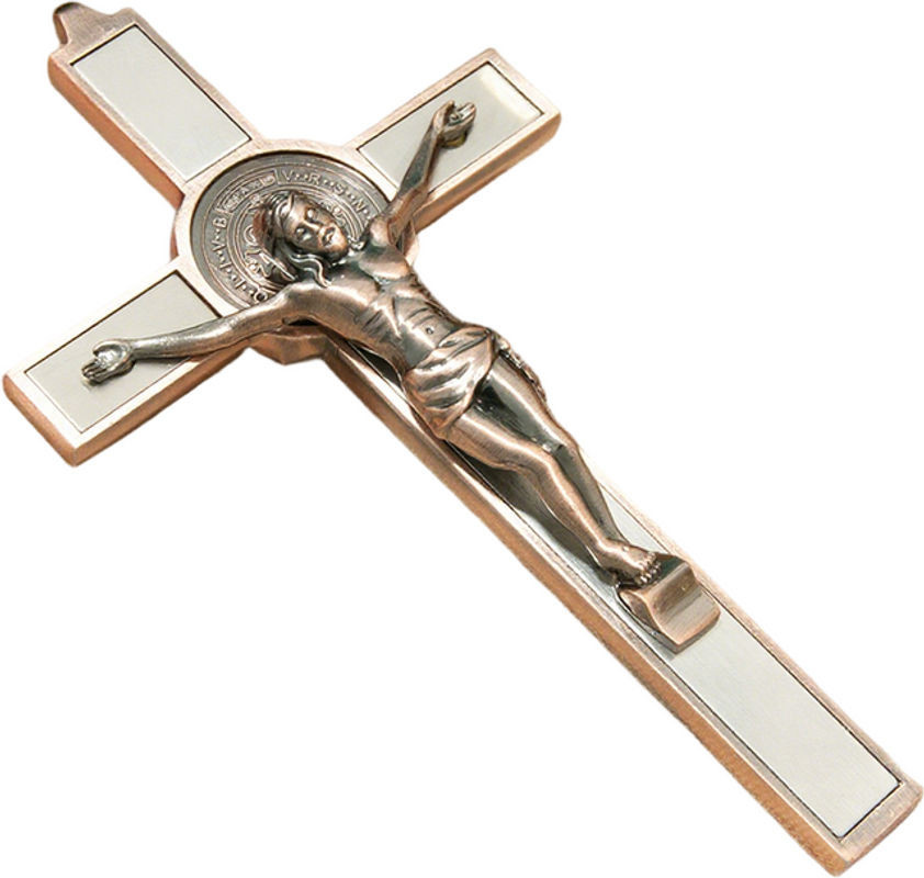 HTISOK Katholisches Kreuz aus Zinklegierung in Silber mit St. Benedikt-Medaille und INRI als religiöse Wanddekoration - Bild 1