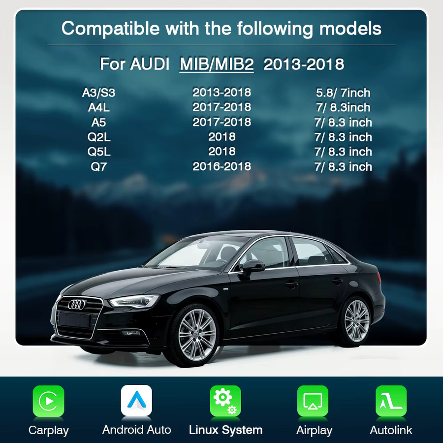 AUTOTOP Drahtlose CarPlay und Android Auto Konverter Box für Audi A3 8V Q2 2013-2018 MIB MIB2 mit MirrorLink, Rückfahrkamera, WIFI und GPS in Schwarz - Bild 2