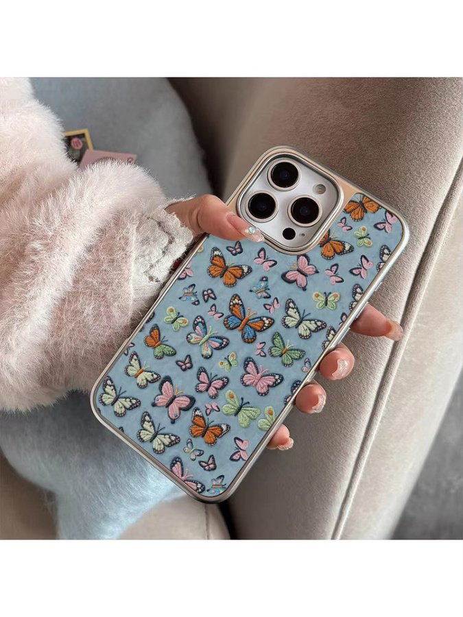 DecoPhone Sturzsichere Handyhülle mit bestickten bunten Schmetterlingen und Silberkante in Mattiert für iPhone 11 bis iPhone 17 Pro Max, Multicolor/Silber - Bild 4