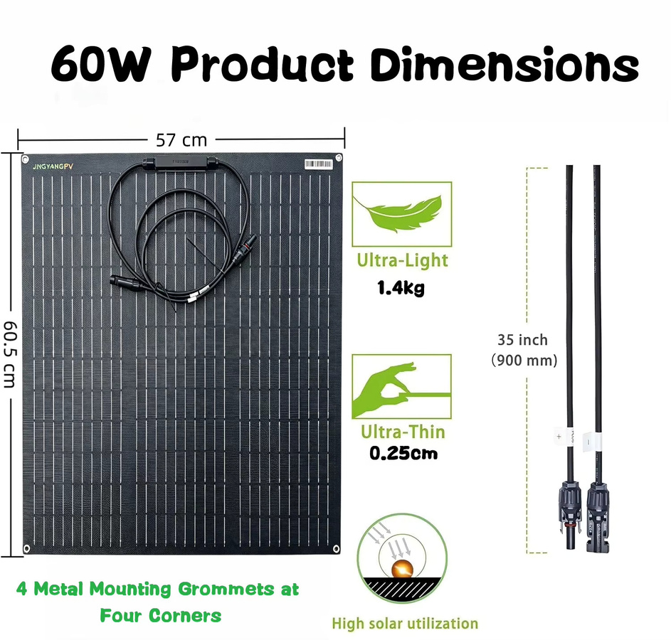 JINGYANGPV Flexibles ETFE Solarpanel 60W 18V mit Mono-Solarzellen und 25% Wirkungsgrad in Schwarz für Wohnmobil, Boot und Camping - Bild 2