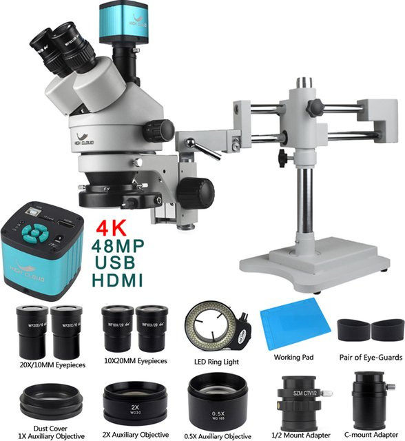 Simul-Focal Double Boom Stand Trinokular Stereo Zoom Mikroskop mit 48MP 4K HDMI USB Kamera und 144 LED Licht in Weiß von HIGH CLOUD - Bild 1