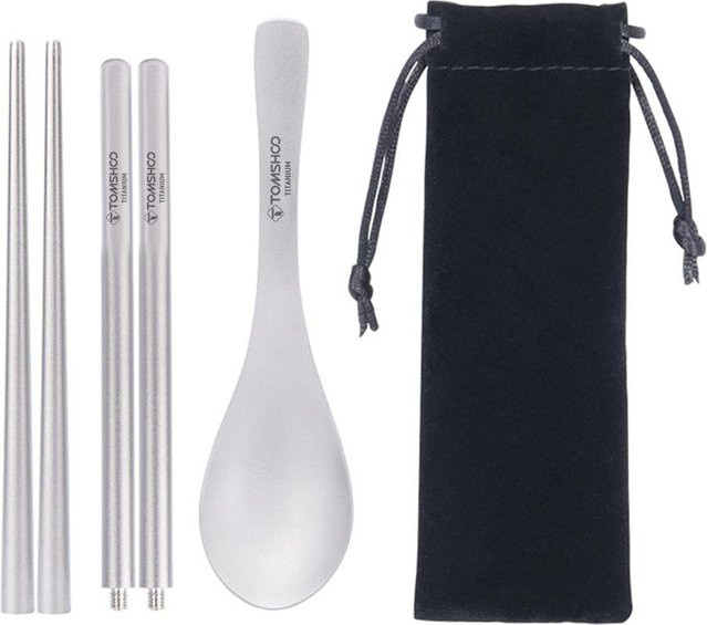 TOMSHOO Löffel und Essstäbchen Set aus Metall in Schwarz, rutschfest und schimmelresistent - Bild 1