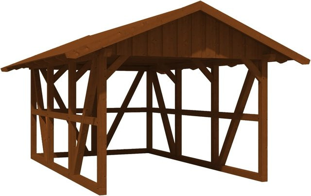 Skan Holz Carport Schwarzwald aus Fichtenholz mit Dachschalung und Rückwand in Nussbaum Braun B: 424 cm, T: 600 cm - Bild 1