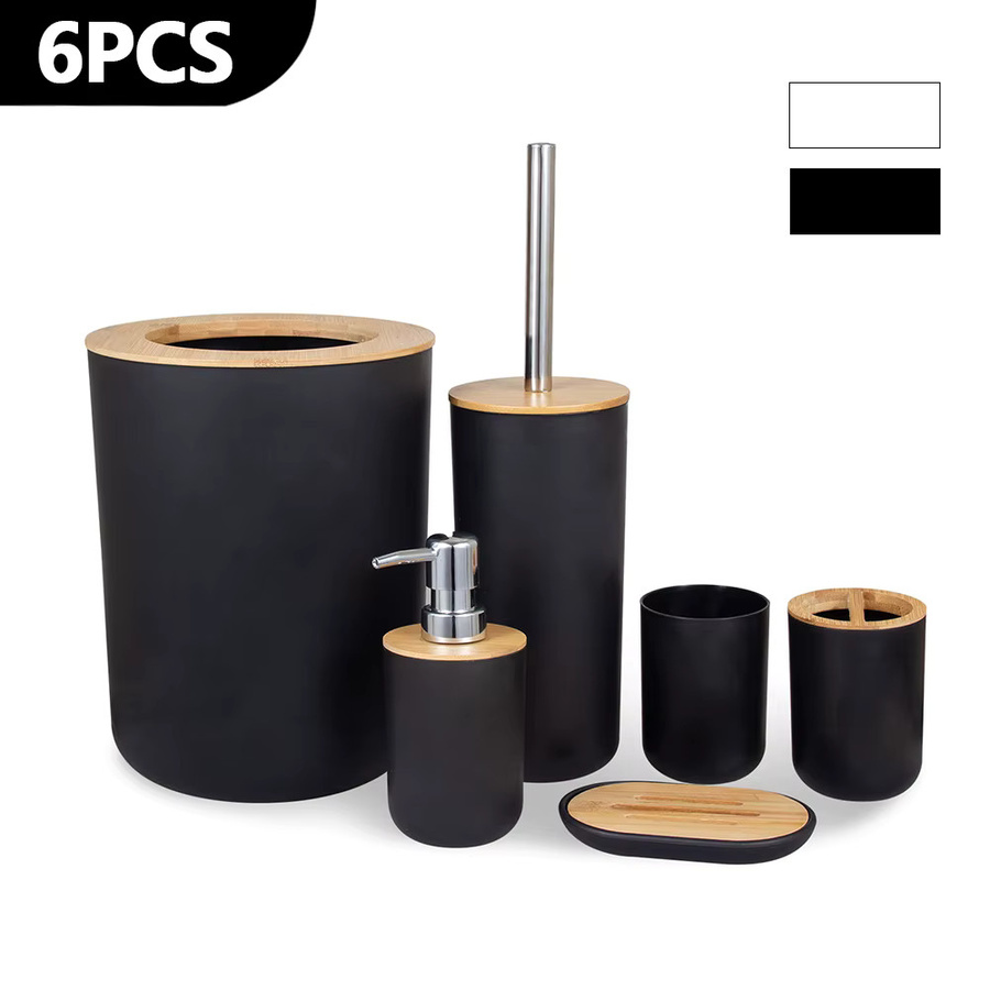 6-teiliges Badezimmer-Organizer-Set aus Bambus und Kunststoff in Schwarz mit Seifenspender, Zahnbürstenhalter, Becher, Lotionflasche, Mülleimer und WC-Bürste - Bild 1