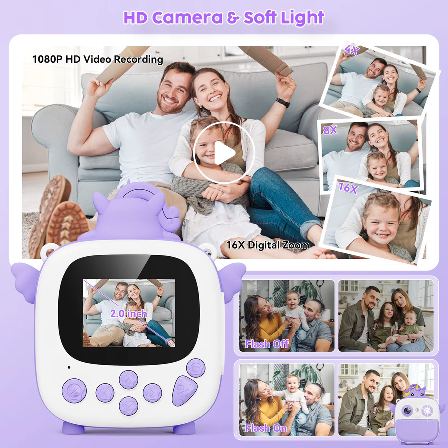 RIVGOT Kinderkamera mit Sofortdruck, 48 MP Selfie-Digitalkamera in Rosa/Pink mit 1080P HD-Video und 32 GB Speicherkarte - Bild 3